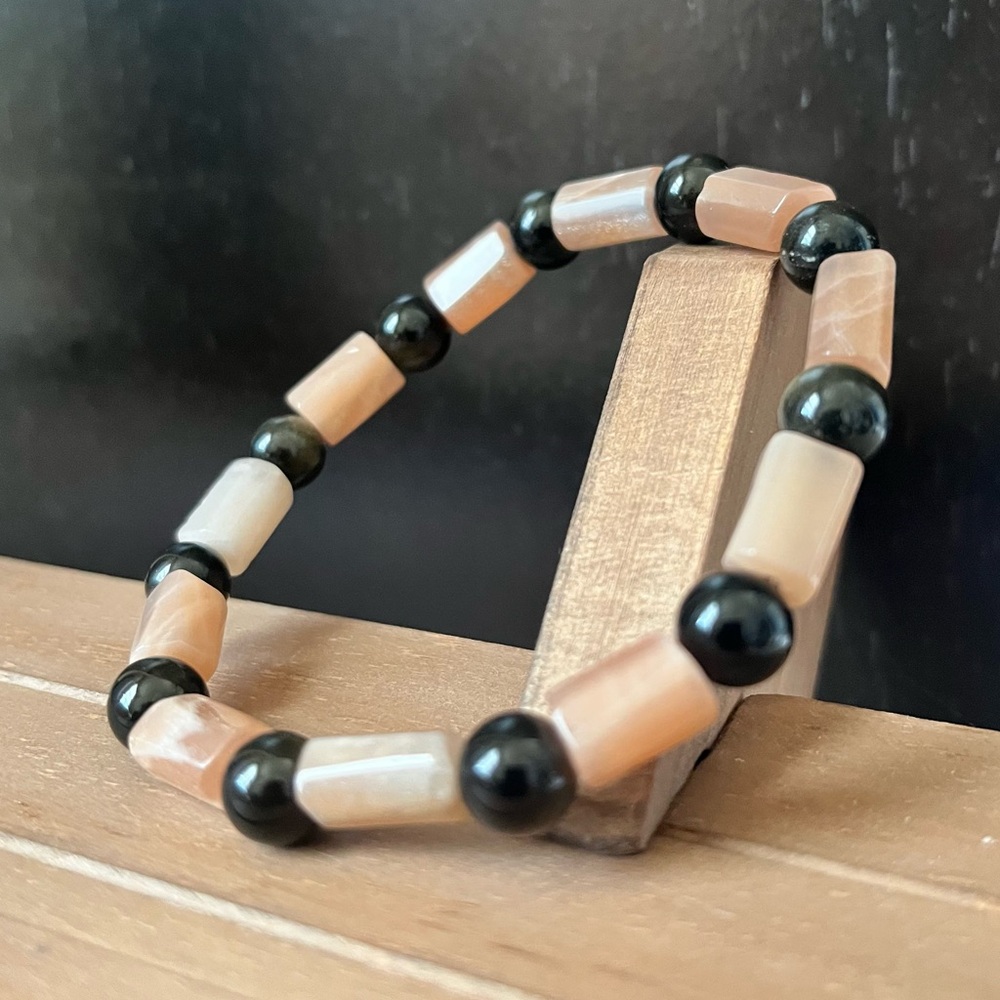 Sunstone & Gold Sheen Obsidian Natural Stone Crystal 8mm Beaded Stretch Bracelet